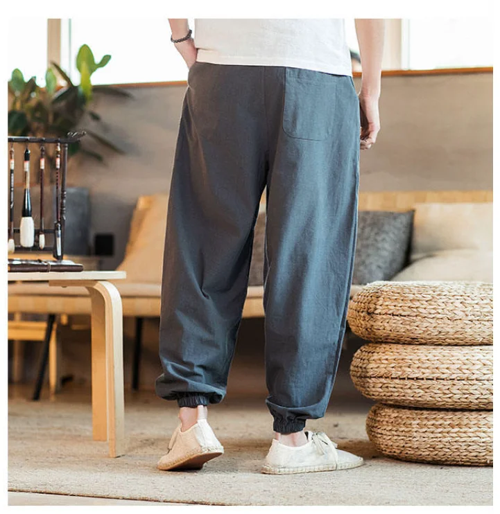 กางเกงกิโมโนผ้าคอตตอนสำหรับผู้ชาย, กางเกงฮาราจูกุทรงหลวมชุดฮาราจุกุปักสไตล์เอเชียชุดฮาเรมผ้าฝ้าย100%