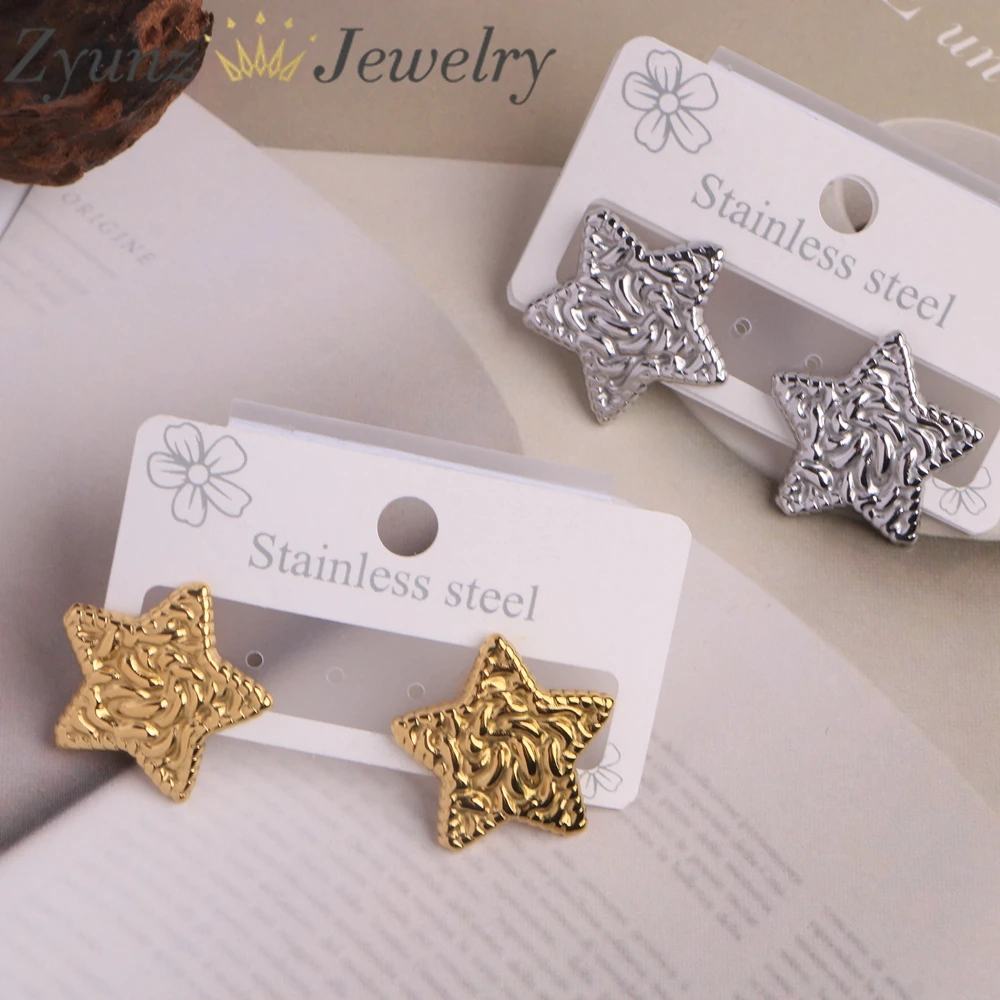 5 Pairs, Stainless Steel Star Texture Fashion Stud Earrings 18K Gold Color Waterproof Charm Metal Trendy Basic Jewelry Women
