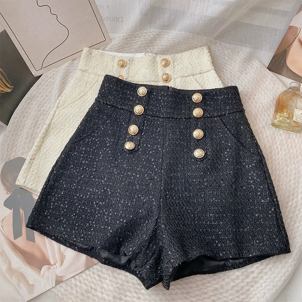 Women's Black Sequin Tweed Shorts Y2K Gyaru Vintage Fashion Shorts Pants Mini High Waist Wide Leg Shorts for Women Autumn Winter