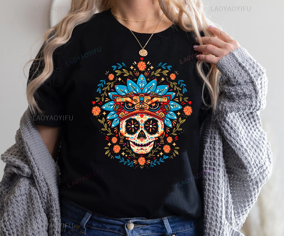 Sugar Skull Flowers Skull Dia De Los Muertos Day of The Dead Mexican Skull Unique T Shirt Latina Skeleton Short-sleev Tee Tops