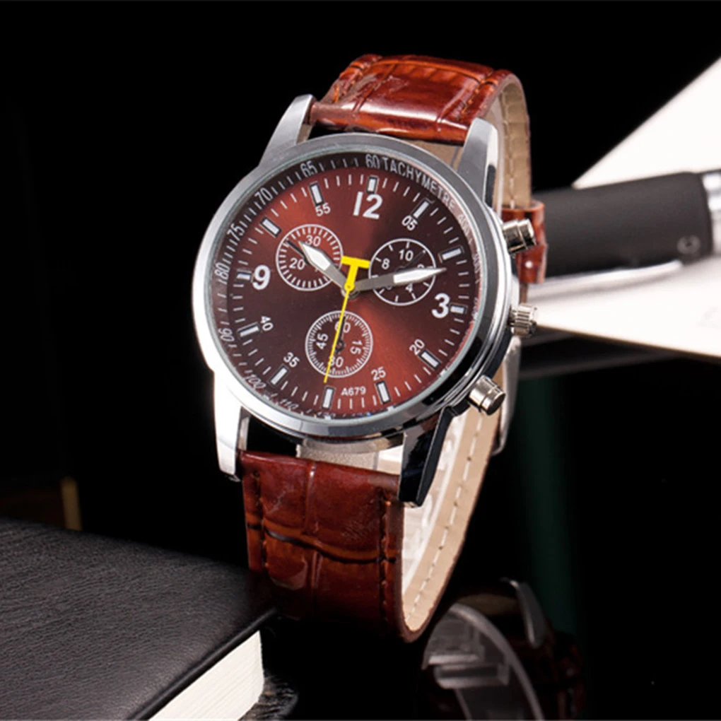 Men Analog Business Watch Leather Band Small Working Sub-dials Arabic Number Quartz Wristwatch