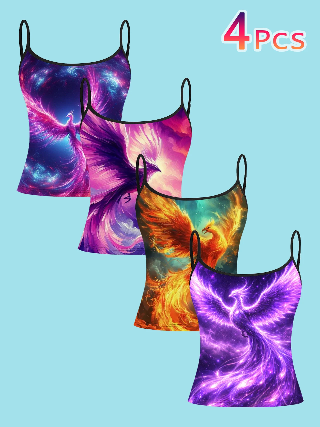 4-Piece Set of Iridescent Phoenix Nebula Print Women's Camisoles, Vibrant Color Bird-Themed Spaghetti Strap Slim-Fit Versatile Inner Tops