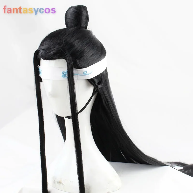 Lan Wangji Long Black Cosplay Wig Prop Headband Crown Accessories Grandmaster of Demonic Cultivation Halloween costume + Wig Cap