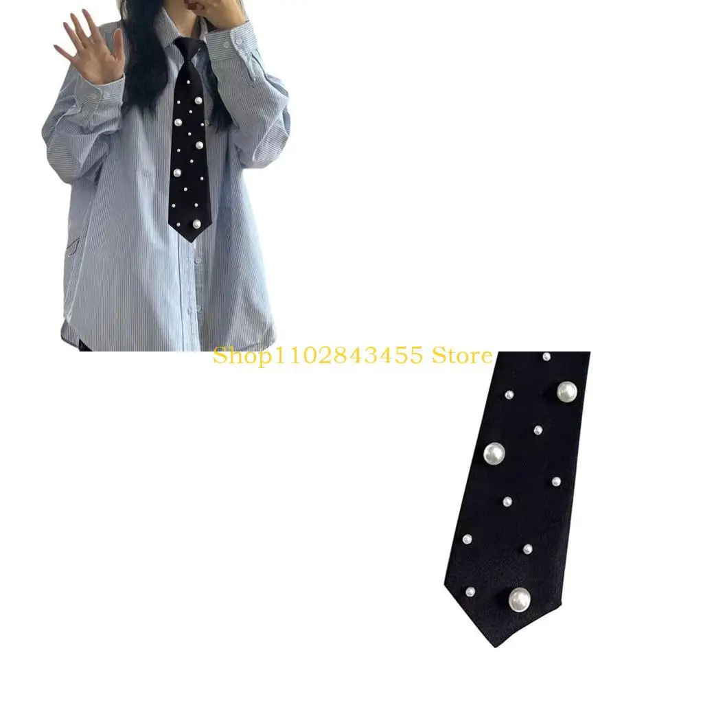 49MC Pre Knotted Black Necktie With Artificial Pearls Detail Polyester Fabric Quick Wear Pre Tied Tie For Women’s Fashion