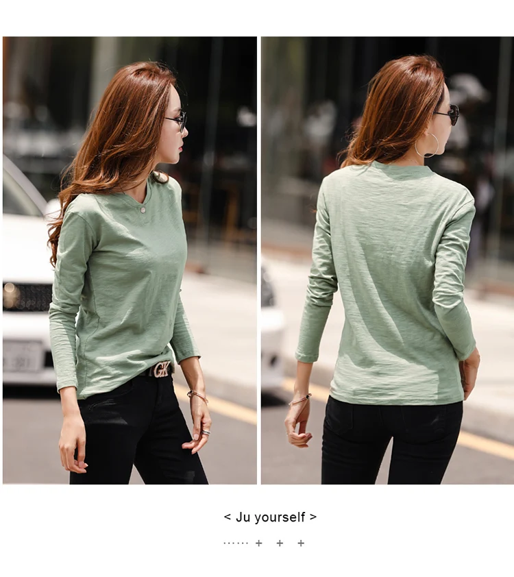 2026 Langarm Frühling Damen Slub-Baumwoll-T-Shirts mit Knöpfen, grüner V-Ausschnitt, einfarbiges T-Shirt, kaffeefarben, koreanische weiche, lockere Oberteile – Detail 17