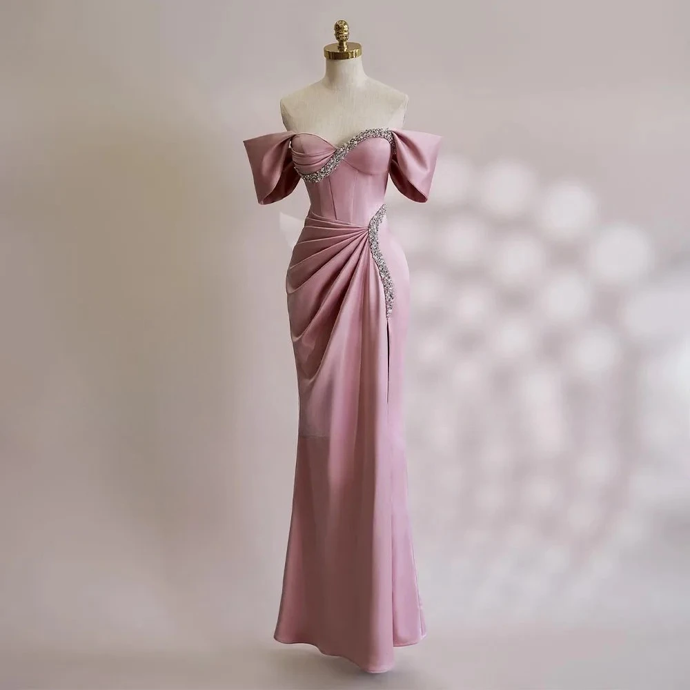 Customized Evening Dresses Off The Shoulder Crystals Sweetheart Column Prom Gowns Floor Length Ruched Formal Party Dress Women