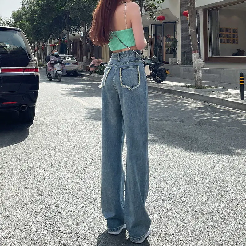 Jeans Pinggang Tinggi Antik Wanita Fashion Korea Streetwear Jeans Kaki Lebar Celana Denim Wanita Celana Ibu Longgar Lurus L104