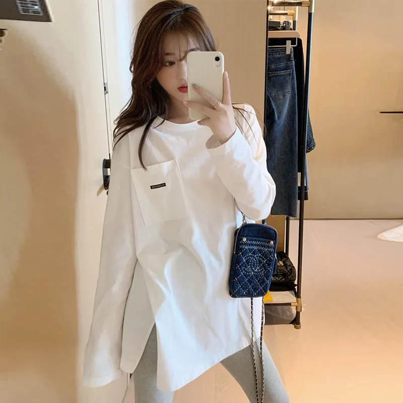 

Pure White Long Sleeve Women's T-shirt Spring Autumn Winter Base Layer Loose Fit Inner Wear Princess Style Mid-Length