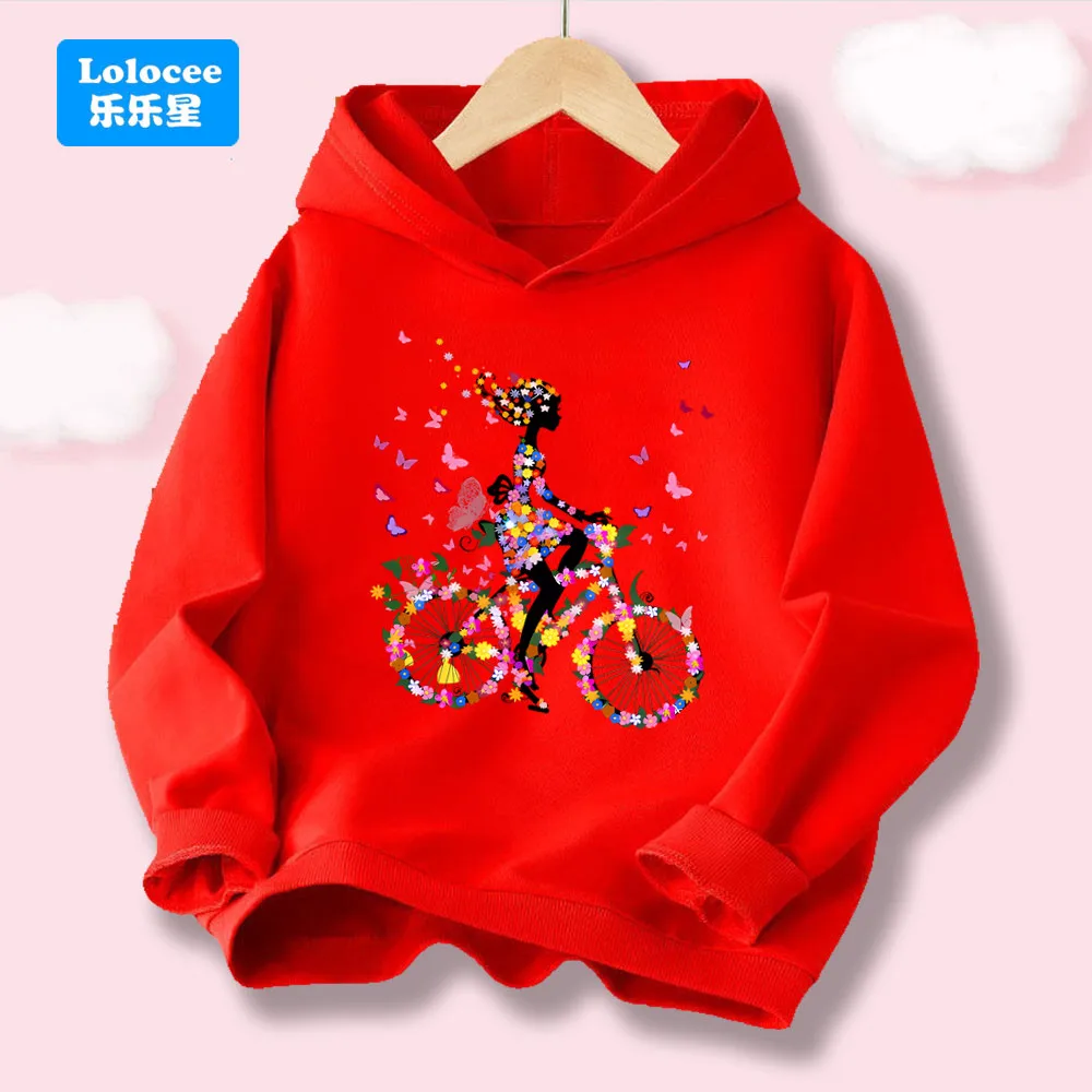 Girls Lightweight Hoodie Bicycle Butterfly Floral Girl Print Pullover Hooded Sweatshirt Spring Autumn Casual Tops