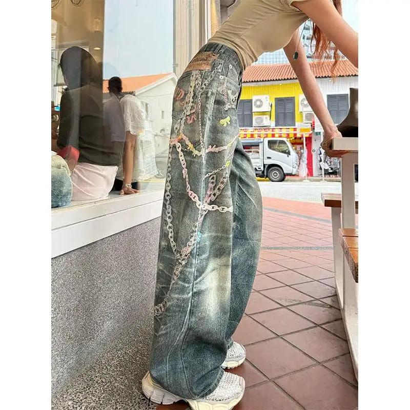 

2025 New 3D Digital Printing Chain Denim Jeans Men's High Street Wide Leg Floor-Length Pants Straight Tube Loose Fit Jeans