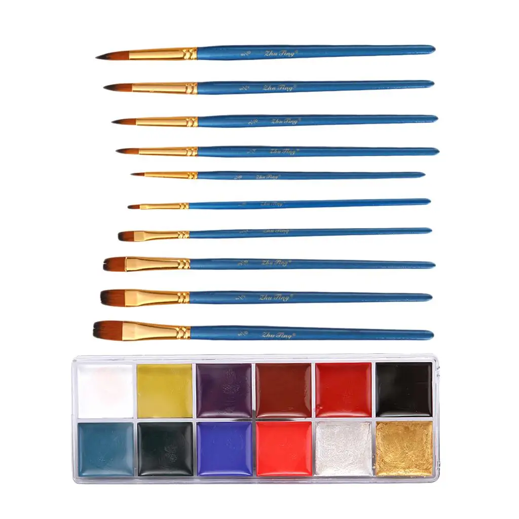12 Non- Oil Based Cosmetics with 10pcs Painting Brush for Christmas Party Fancy Dress Makeup