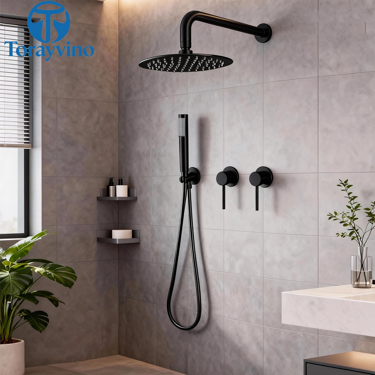 Torayvino Bathroom Chrome Shower Faucet Set With Two Rain Shower Head Outdoor Shower System Set Complete Bathtub Kit Mixer Tap
