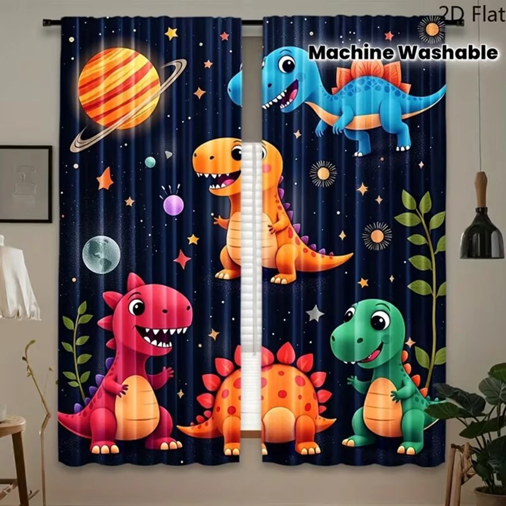 2-Piece Set Cute Dinosaur Space Planet Art Printed Curtains Polyester Material with Pole Bag Design for Bedroom And Living Room