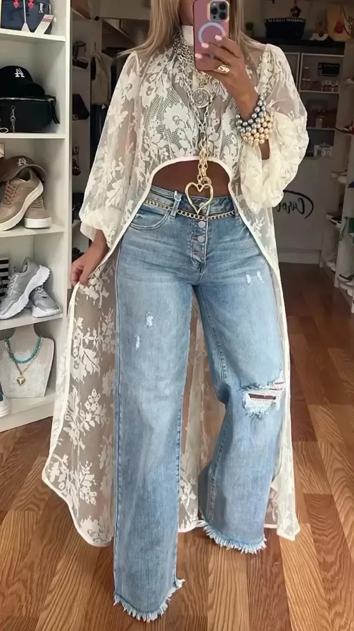 

202, весна-лето, женский кружевной длинный топ с перспективой, модный однотонный полуводолазка с расклешенными рукавами, свободный универсальный топ