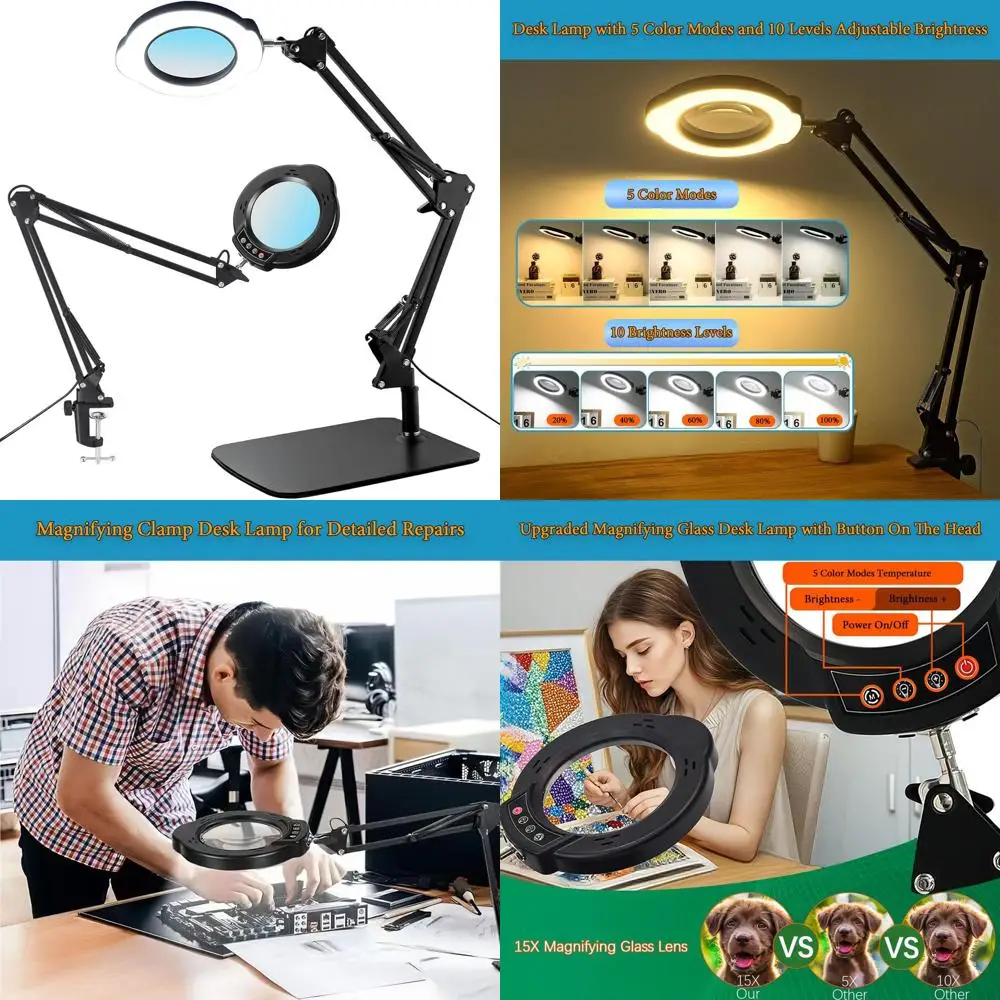 

Настольная лампа с увеличением 15 разів и 5 режимами освещения, регулируемая яркость, 360° ° Поворотные рычаги — идеально подходят для чтения, рукоделия и деталей.