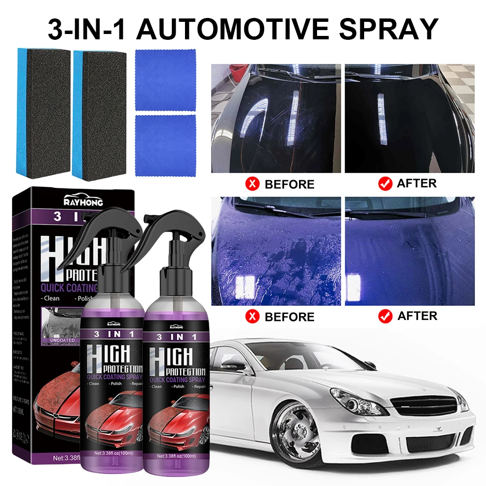 Cera de pulido 3 en 1 para coche, Spray de revestimiento cerámico para reparación de arañazos de coche, revestimiento hidrofóbico de vidrio, cuidado de pintura, 2 juegos, 100ml