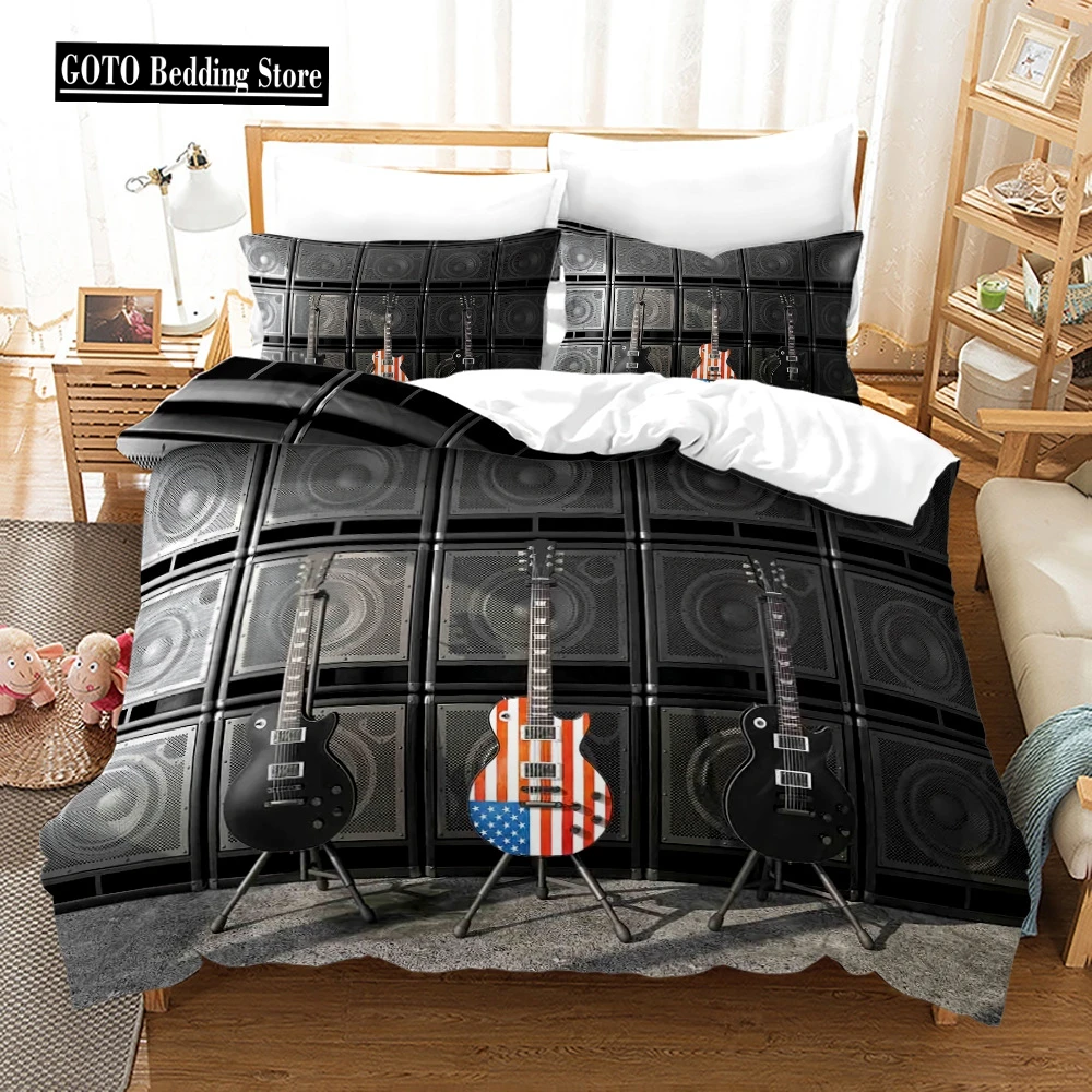 

Duvet Cover and Pillowcase for Boys Teen,Retro Style Guitar,Black Sound System, 3D Print,Music Series,Comforter Cover Set, Queen