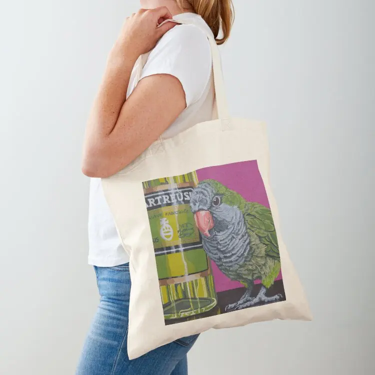 Quaker Parrot Painting, Chartreuse Liquor Tiki Bar Parrot Cocktail Art Tote Bag