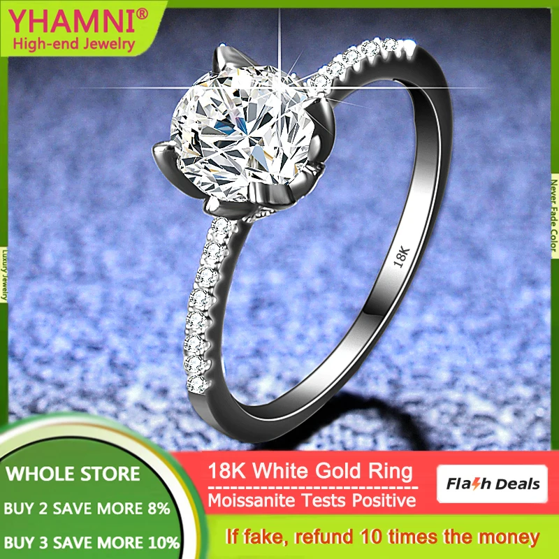 YHAMNI Women's Luxury 18K White Gold Ring Authentic VVS D Color 1 Carat Moissanite Diamond Engagement Ring With GRA Credentials