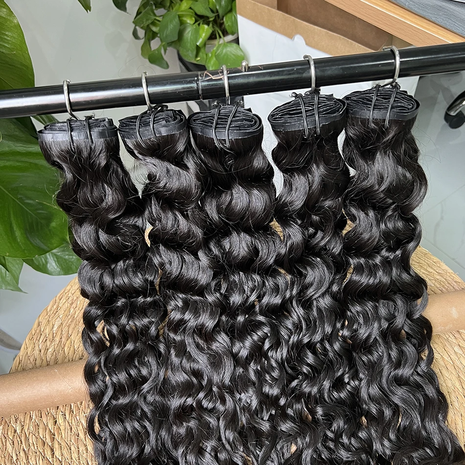 

Water Wave PU Weft Seamless Clips in Curly Human Hair Extensions Invisible 100g 7Pcs/Set Full Unprocessed Raw Hair Natural Color