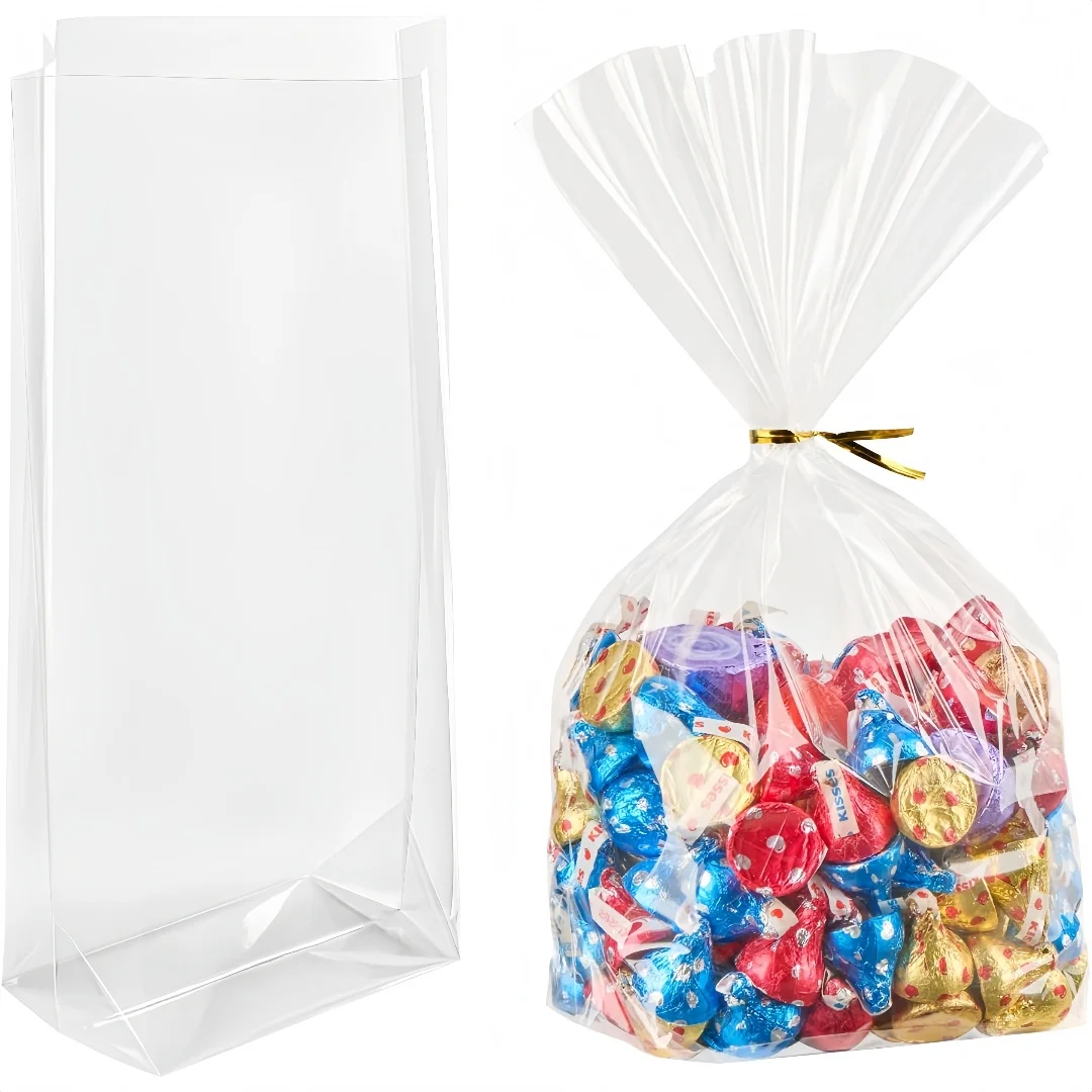 Bolsas de regalo con refuerzo de fondo plano, bolsas de regalo de celofán transparente con lazos torcidos, bolsa de regalos para recuerdo de fiesta, regalo pequeño, 10/30/50 Uds.