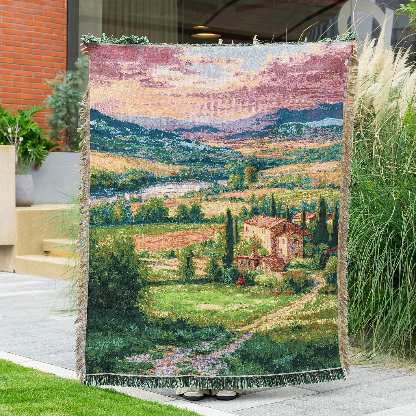 

Oriental Landscape Oil Painting Knitted Couch Blanket Camping Tent Floor Mat Medieval Artistic Wall Hanging Tapestry