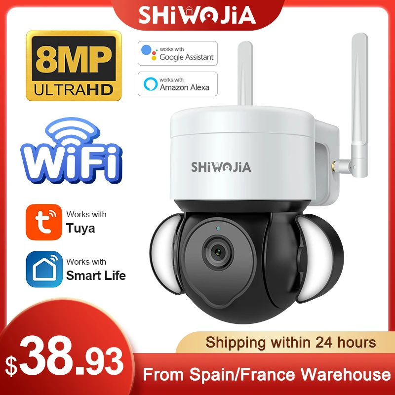 

Уличная камера видеонаблюдения SHIWOJIA 8MP Tuya Smart Life с прожектором, ИИ-детектором движения человека, цветным ночным видением, двусторонней аудиосвязью, IP65