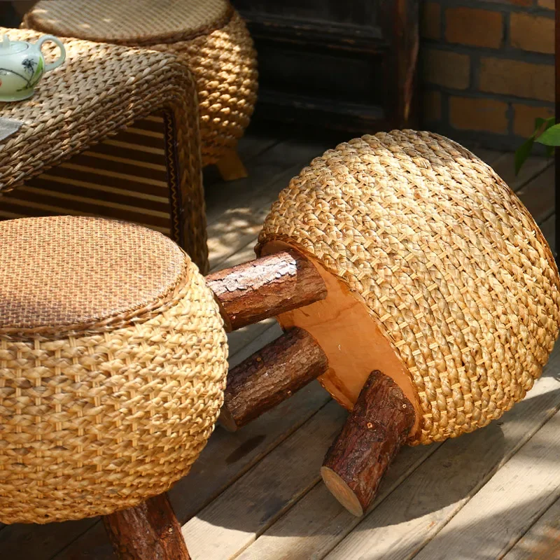 Handmade Rattan Pouf Strong Loadbearing Low Durable Creative Round Stool Countryside Taburete EcoFriendly Material