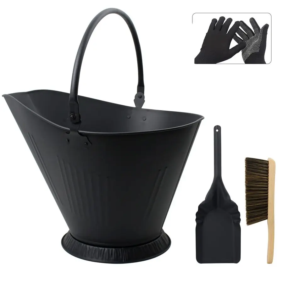 

Ash Bucket for Fireplace, 3.2 Gallon Metal Fireplace Ash Bucket for Wood Stove, Includes Shovel, Broom and Gloves Indoor amp Out