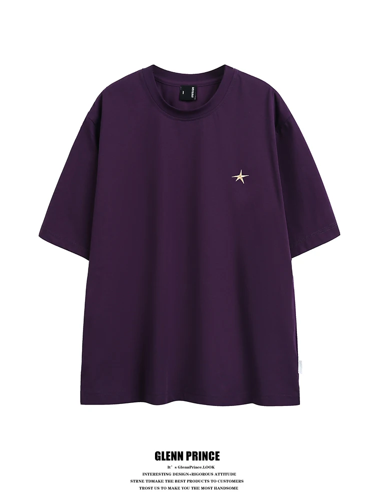 

American Style Short Sleeve T-Shirt for Men Summer Loose Fit Star Embroidery Streetwear Cool Feeling Cotton Polyester Blend