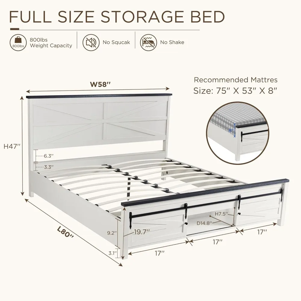 Farmhouse Wood Bed Frame Full Size with Sliding Barn Door Storage Cabinets and Headboard, Solid Wood Slats Support