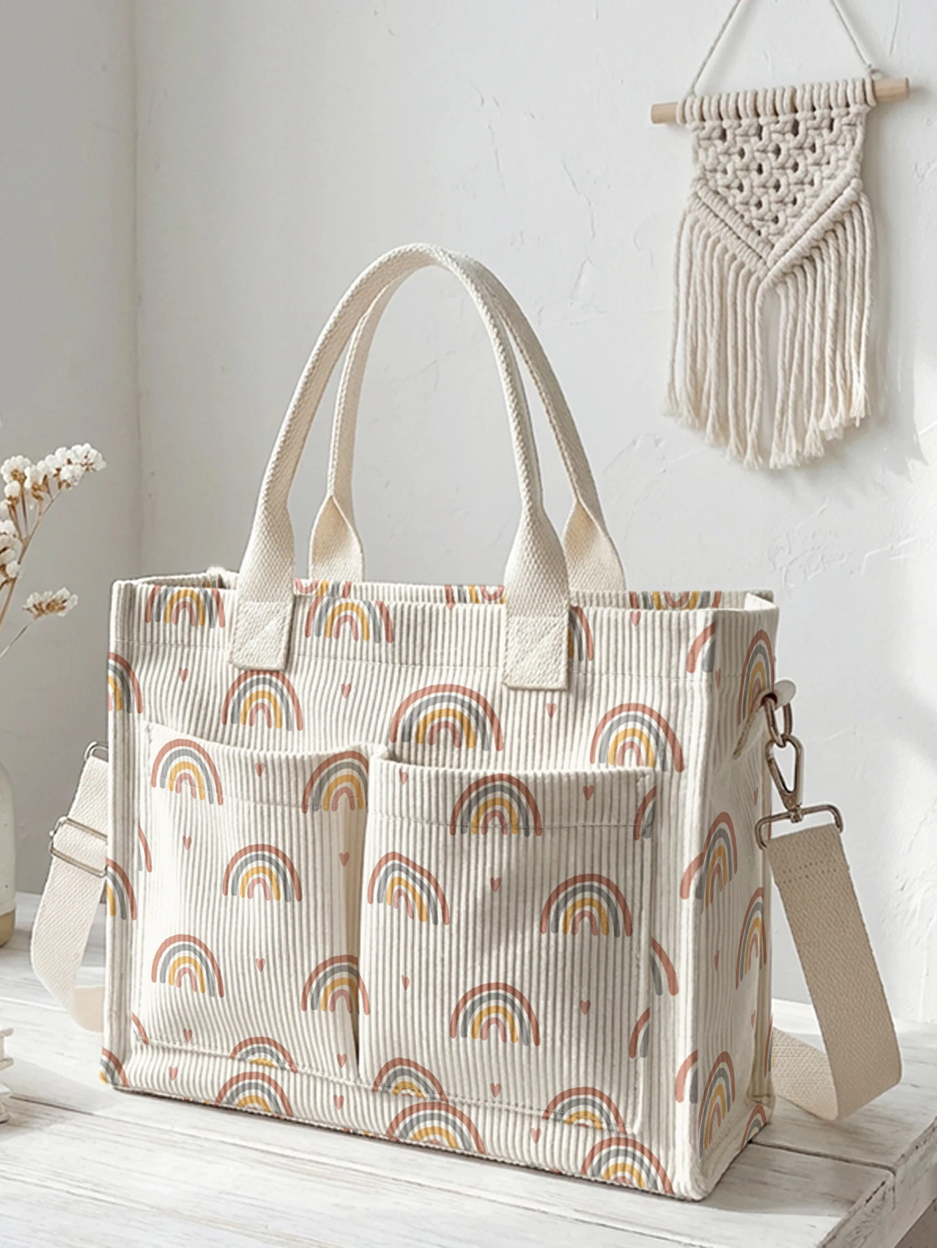 

Cute Rainbow Print Corduroy Tote Bag Large Capacity Multi Pocket Boho Style Commuter Shoulder Bag