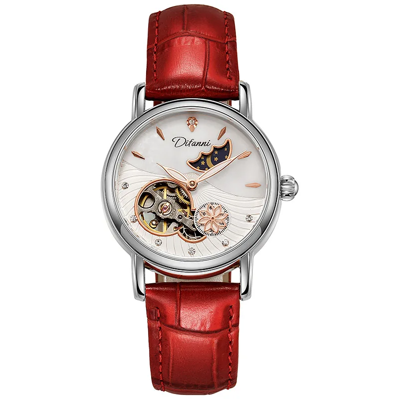 Round Mechanical Watch with Leather Strap Sun Moon Multifunction Automatic Waterproof Pin Buckle for Women Wristwatch
