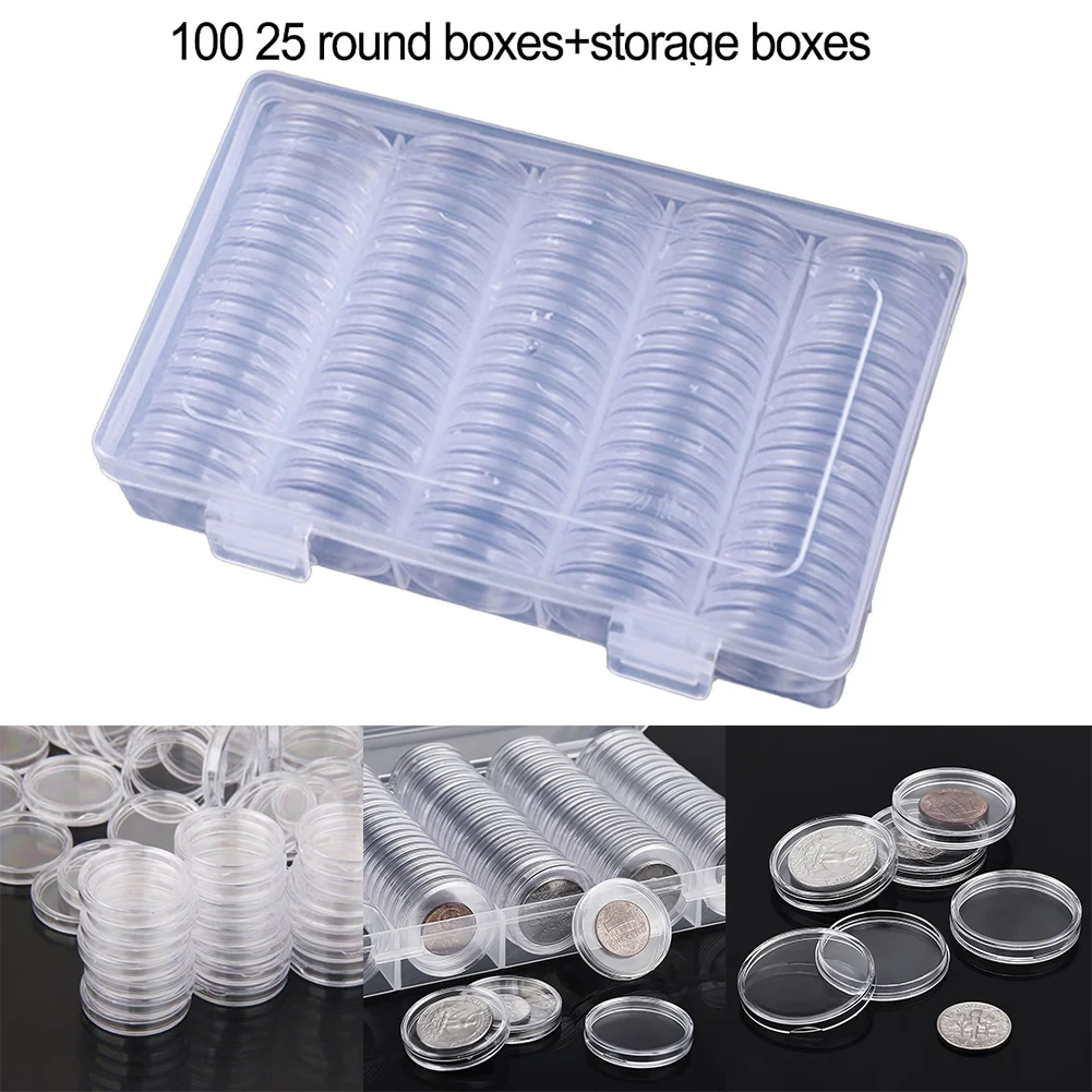 100pcs 25mm Round Coin Capsule Containers with Storage Box Designed to Protect Copper Silver Gold and Commemorative