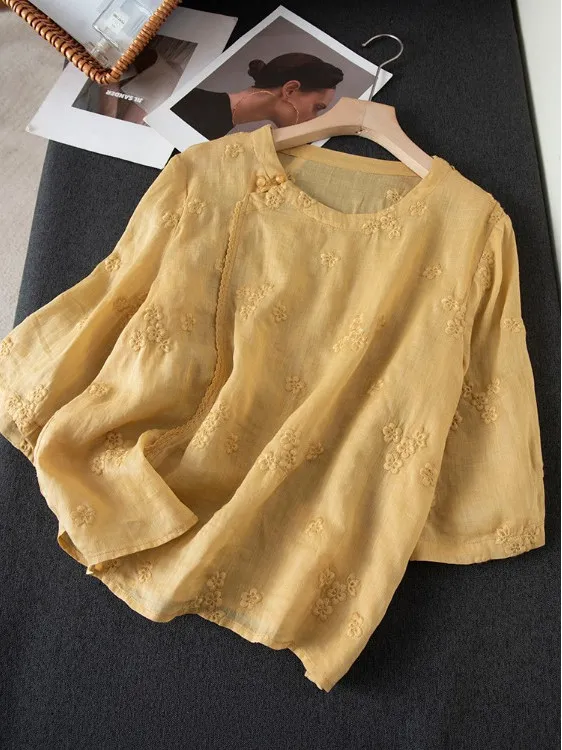 新しい中国風スレ快適な通気性のある刺繍入り麻素材のスベルカラーTシャツ女性用ビジネスカジュアルファッション