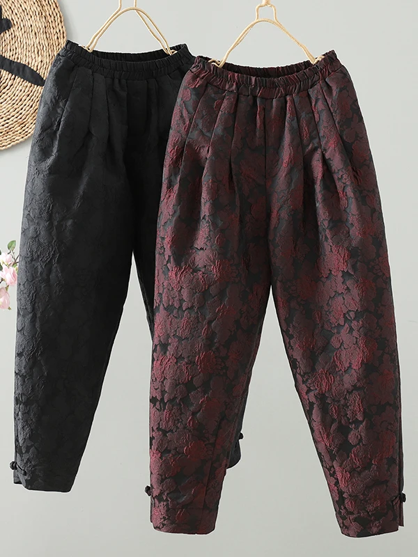 Authentische Blumenstickerei Seiden-Leinen-Hose mit Fleecefutter, Winterwarme Retro-Künstlerische Laternenhose mit Hoher Taille und Elastikbund