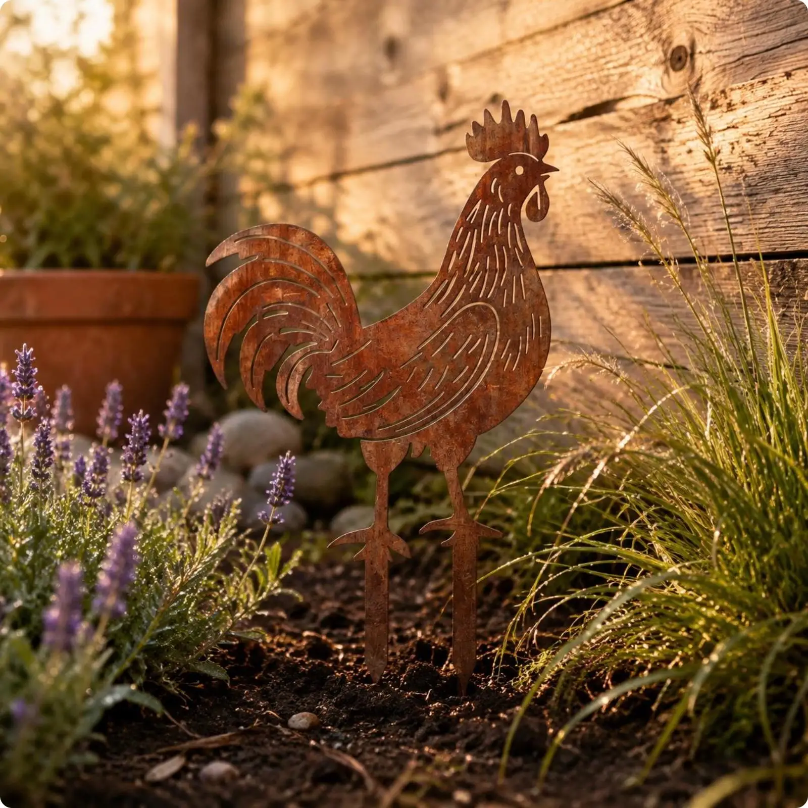 Vintage Metal Chicken Stake Rustic Cockerel Garden Stake for Lawn
