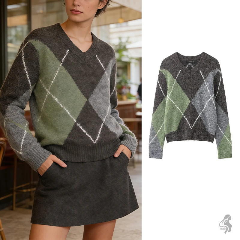 

Women Colorblock Quilted Knit Sweater Round Neck Long Sleeve Outlined With White Lines Commuter Daily Wear Top Woman Clothes
