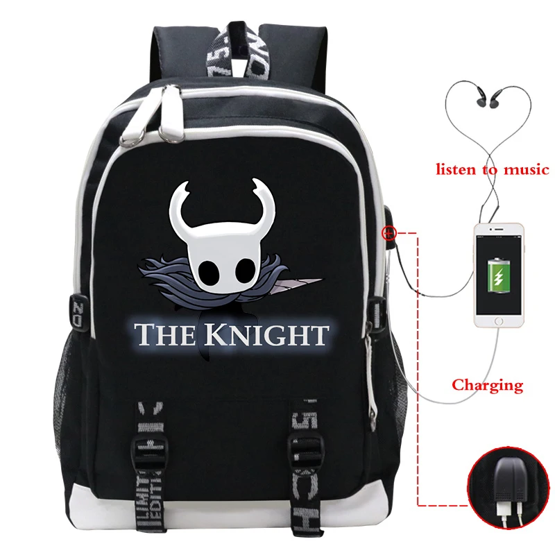 ชายหญิง Hollow Knight กระเป๋านักเรียนกระเป๋าเป้สะพายหลังเด็กการ์ตูนเกม USB ขนาดใหญ่ความจุกระเป๋าเป้สะพายหลังแบบพกพานักเรียนกระเป๋าเดินทางของขวัญ