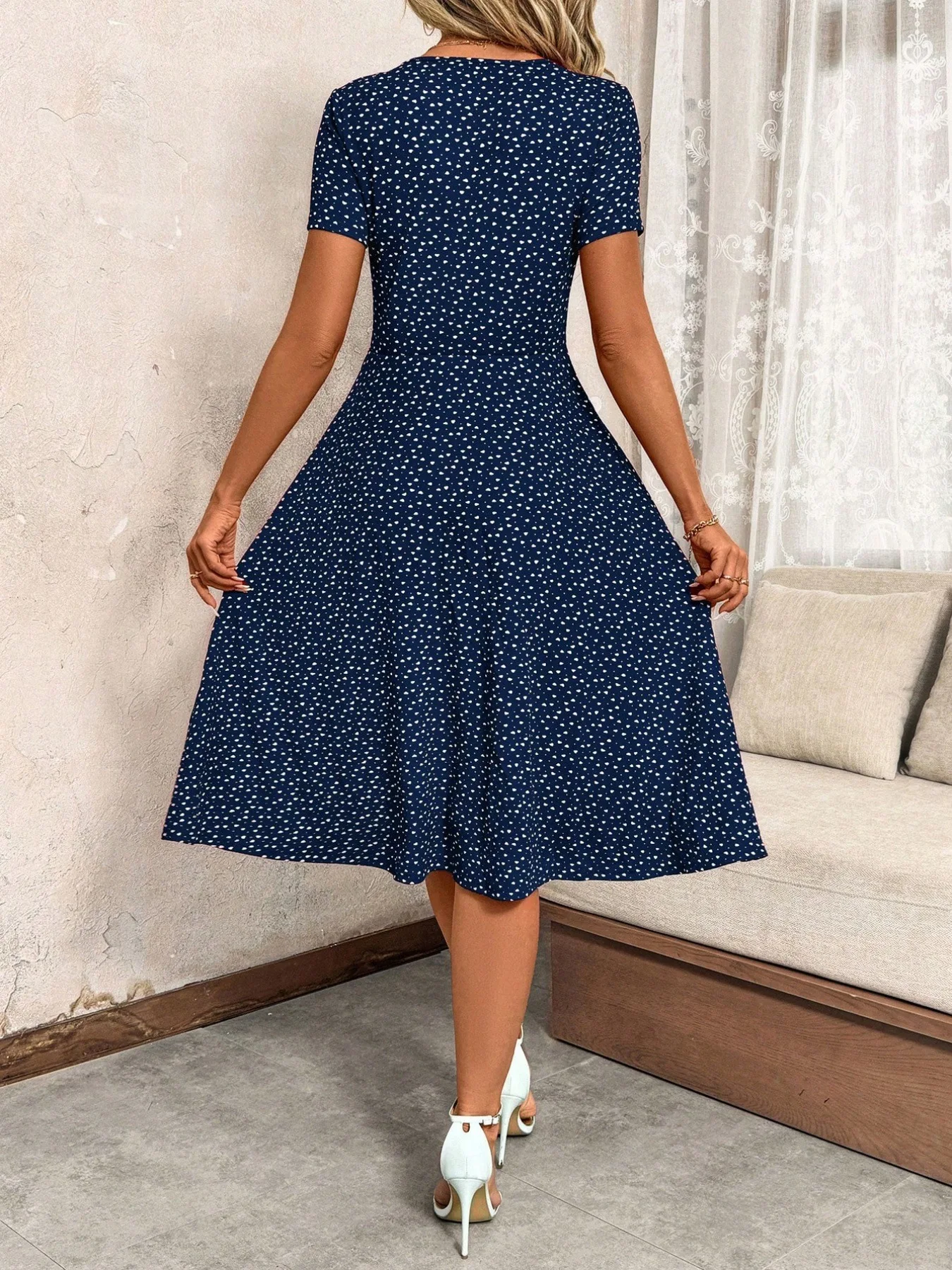 Damen Polka Dot V-Ausschnitt Midikleid Lässiges Knopfleisten-Kurzarmkleid A-Linie Swing Sommer Strandkleid – Detail 10