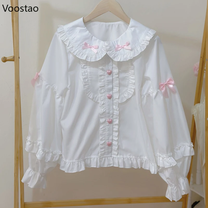 Japanese Sweet Lolita Style Shirts Women Kawaii Bunny Ear Peter Pan Collar Bow Blouses Girls Casual Y2k White Long Sleeves Tops