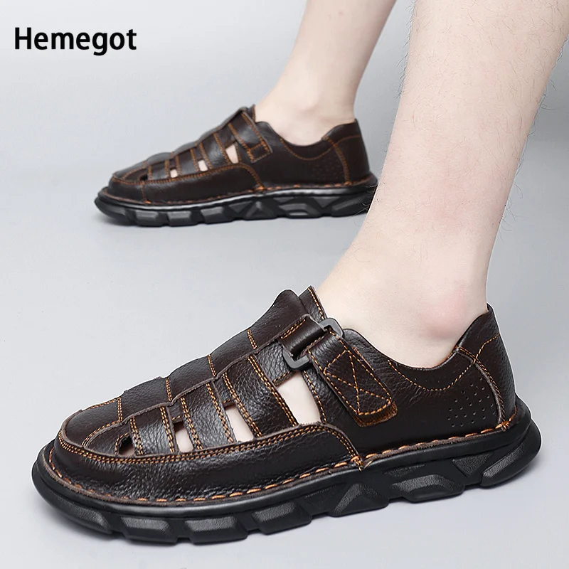 

Hollow Breathable Casual Hole Leather Sandals for Men Beach Shoes Men's Summer Top Layer Cowhide Leather Business Sandals