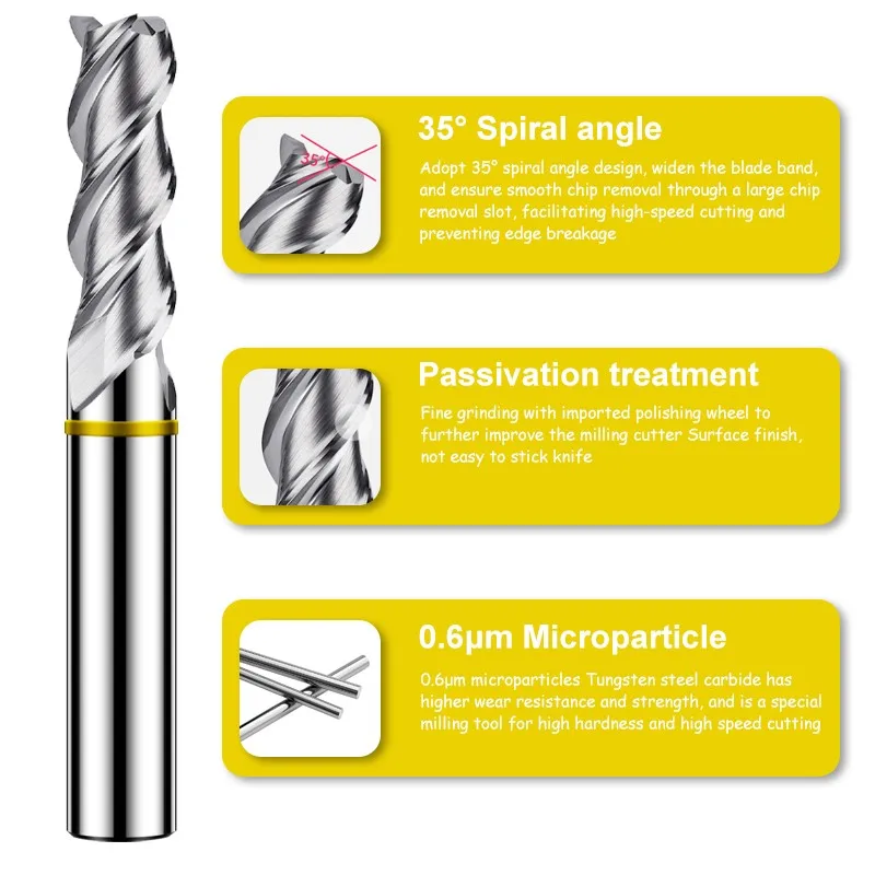 Aluminu freze kesicisi 3F renk halka kaplama için AZZKOR Tungsten çelik karbür CNC mekanik düz alt Endmills TGY-HRC55