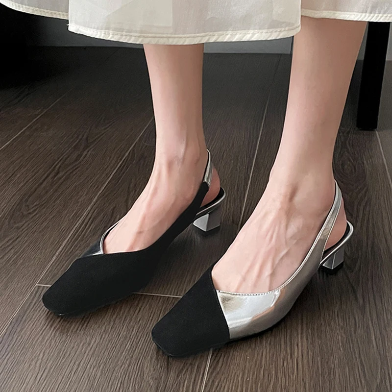 

Mid Heels Sandals Elegant Square Toe Women Shoes 2025 Designer Pumps Slippers New Summer Chunky Slingback Dress Zapatillas Mujer