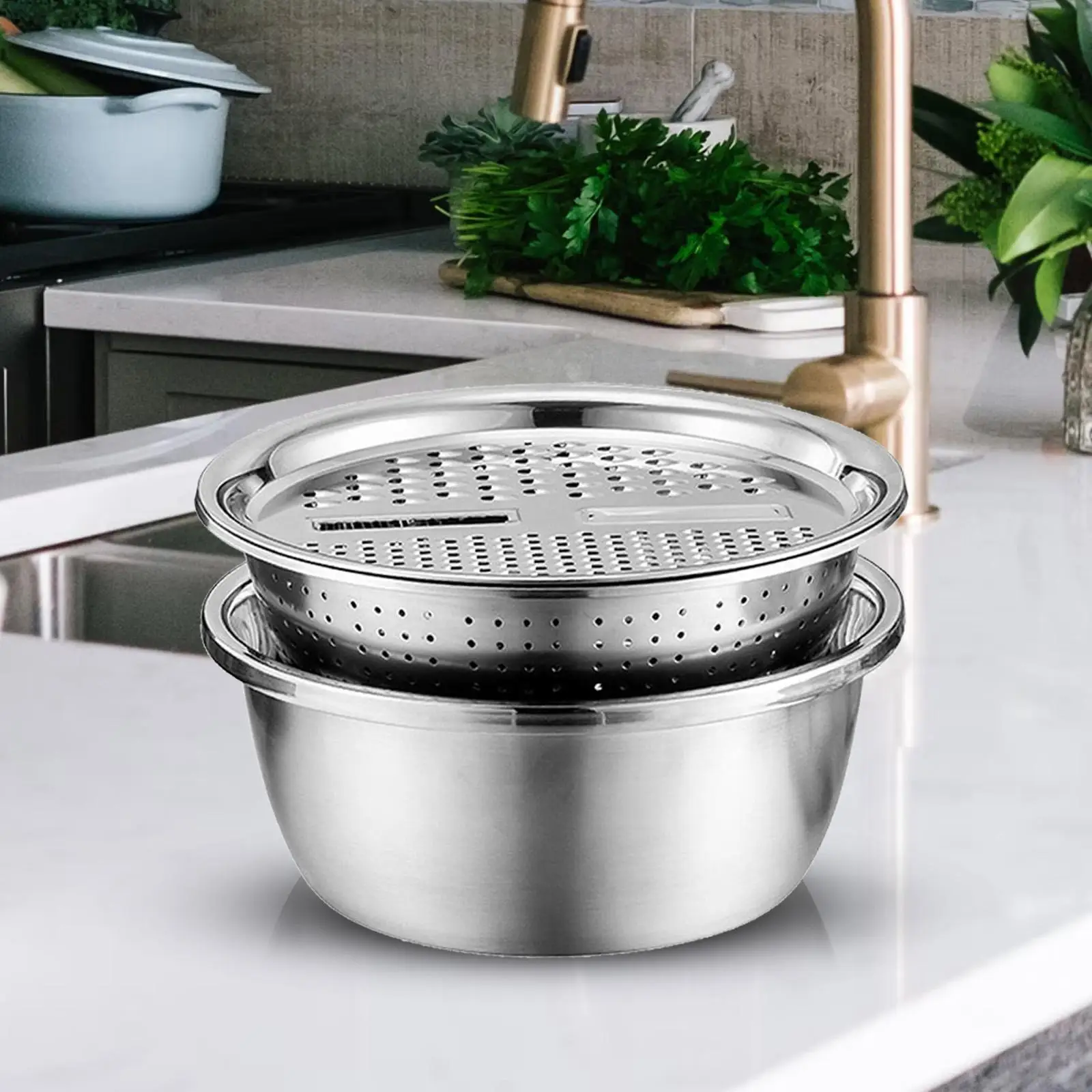 

Multipurpose Stainless Steel Basin Julienne Grater Strainer