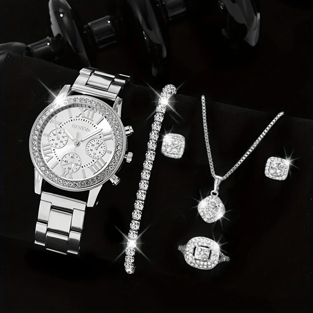 1pc Rhinestone Decor Quartz Watch Casual Roman Numeral Analog Wristwatch & 5pcs Jewelry Set, Gift For Mom/Girlfriend