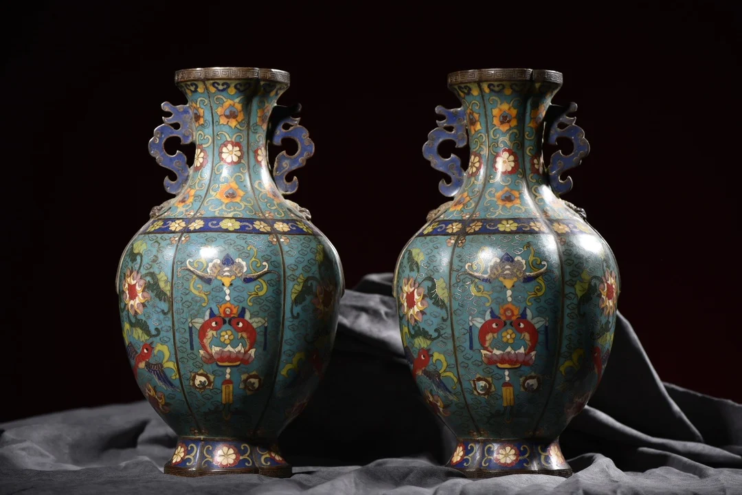 

14"Tibetan Temple Collection Old Bronze Cloisonne Enamel Dragon Ear Melon shaped Bottle Vase A pair Town house