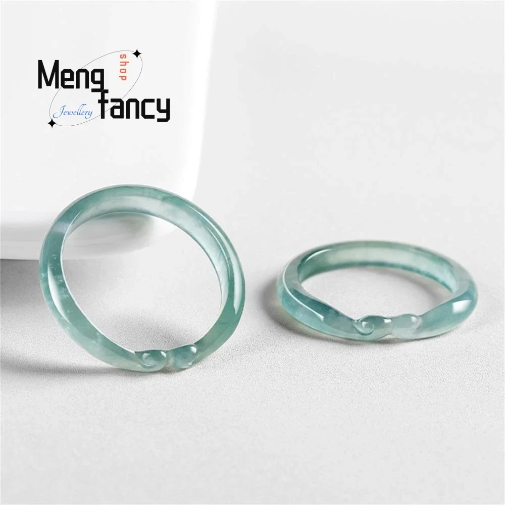 

Natural A-goods Jadeite Blue Water Ruyi Tightrope Three-dimensional carving Ice Jade Ring Personalized Exquisite Fashion Jewelry