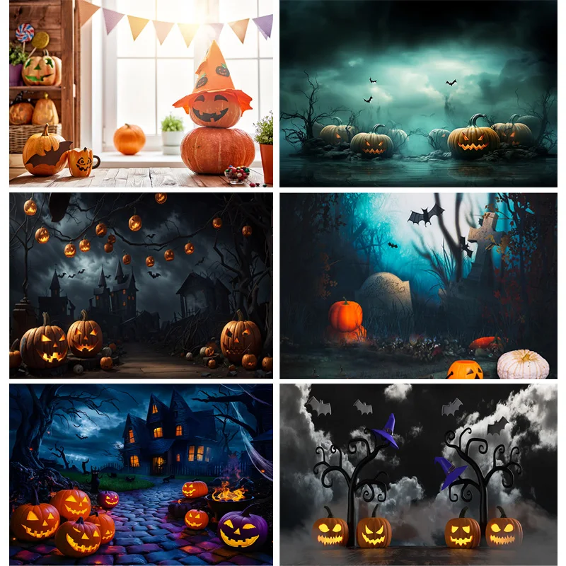 

Halloween Backdrop Full Moon Scary House Night Castle Graveyard Forest Bats Pumpkin Lantern Spooky Photography Background SJ-8