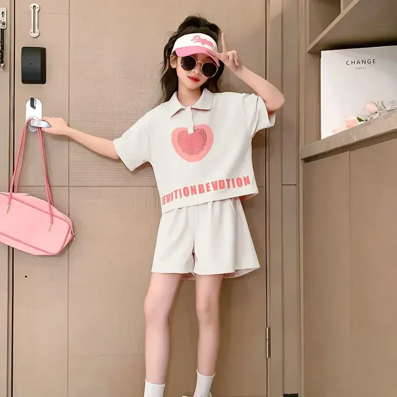 Girls Summer New Leisure Korean Style Polo Shirts+Short Pants 4-14 Years Teeange Girls Students Outfits Sets Children Clothes